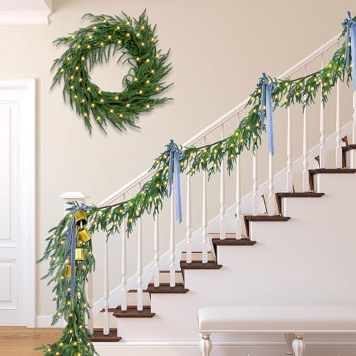 9FT Prelit Norfolk Pine Christmas Garland with 70LED Lights – Real Touch Greenery Artificial Cedar Christmas Garland for Fireplace Mantel, Staircase, Door Frame, Holiday Indoor Winter Décor - Image 4