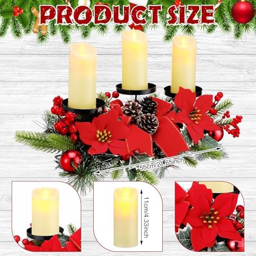Christmas Centerpiece with 3 Candle Holders 3 LED Candles 1 String Lights Xmas Triple Candelabrum Poinsettia Red Buffalo Plaid Bow Berry Pine Cones with 3 Candle Holders for Tables Home Decorations - Image 3