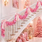 9FT Pink Christmas Garland with Lights Bow Decor Soft Preit Cedar Garland - Image 6