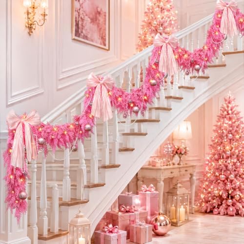 9FT Pink Christmas Garland with Lights Bow Decor Soft Preit Cedar Garland - Image 6
