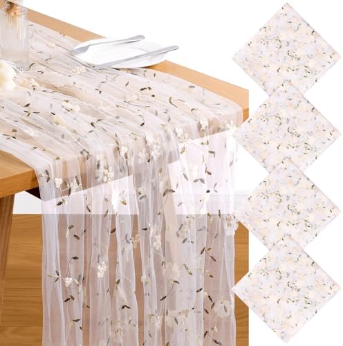 4 Pack Embroidery Floral Table Runner Rustic Spring Summer Wildflower Tulle Table Runner Vintage Flower Tabletop Runners for Home Kitchen Wedding Party Decoration, 108x24.5 Inch (Apricot Flowers) by VAIPI