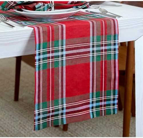 Solino Home 100% Linen Table Runner Red, Madras Holiday Plaid 14 x 108 in - Image 2