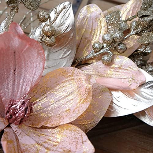 Idyllic 18 Inch Winter and Christmas Magnolia Flowers Gold Glitter Wreath for Home and Front Door Decor, Pink and Gold Magnolia Flower Wreath for Outside All Seasons Spring Indoor Outdoor Decor - Image 5