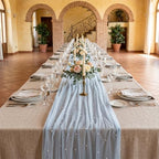 Light Blue 10 Pcs Pearl Gauze Table Runner 120 Inch 10ft Pearl Sheer Tulle Table Cloth Centerpieces for Home Wedding Birthday Bridal Baby Shower Party Favor Holiday Dining Decorations - Image 6
