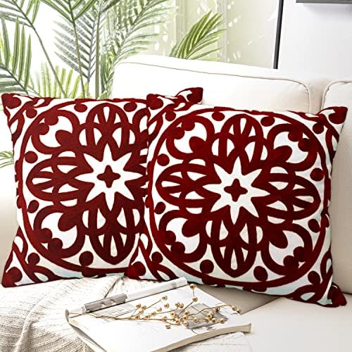 Alysheer Boho Embroidered Throw Pillow Cover 18"x 18" Set of 2, Burgundy‌ by Alysheer