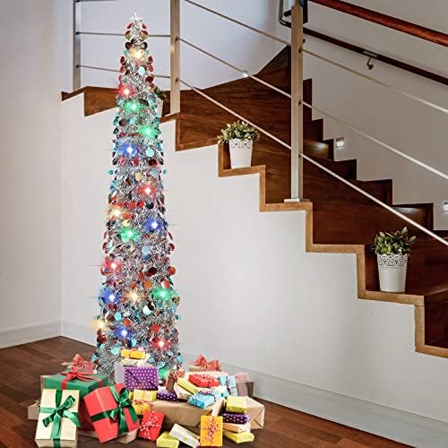 Aoriher 5 ft Pre-lit Pop up Silver Christmas Tinsel Tree Decor Reusable Collapsible Artificial Sequins Slim Pencil Tree with Colorful String Lights for Holiday Party Home Indoor Outdoor - Image 6