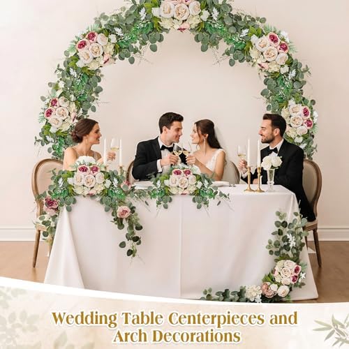Suncalla 2 Pcs Artificial Peony Eucalyptus Floral Swag for Arch, Champagne - Image 6