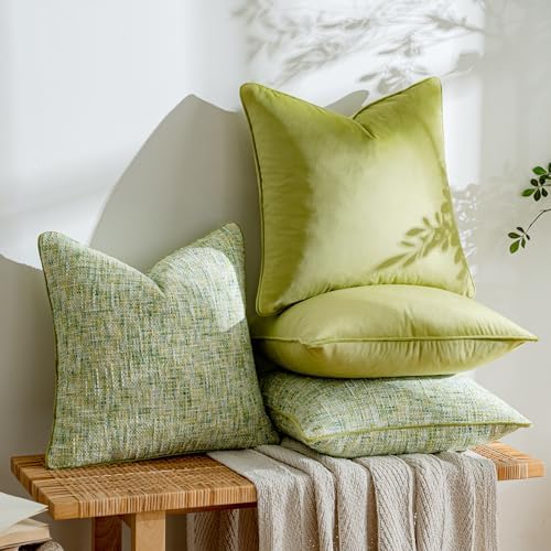 a moment Green 4 Pack Throw Pillow Covers - Chenille & Velvet Set with Piping, Farmhouse Textured Design Pillow Cases for Couch Sofa Bed Livingroom (20x20 Inch, No Insert) - Image 3