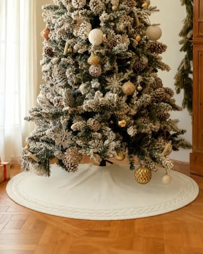 36 Inch White Knitted Christmas Tree Skirt Small Thick Cable Knit Round Cream for 4ft 5ft Tree Rustic Farmhouse Neutral Christmas Decor Tree Base Cover Xmas Home Decor (White-03) - Image 5