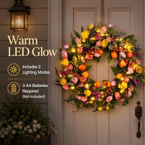 24 Inch Spring Wreaths for Front Door, Artificial Tulip Wreath with Lights & Butterflies, Spring Summer Easter Wreath for Indoor Outdoor Decor - Image 3