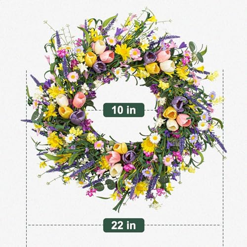 LLZLL Spring Wreath 22 inch Indoor Summer Wreaths Artificial Spring Wreaths for Front Door, Tulip Wreath with Daisy and Lavender for Home Holiday Decor - Image 4