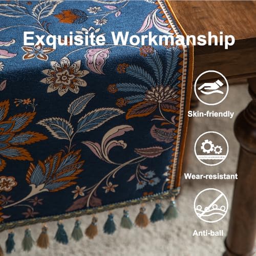 Vintage Floral Jacquard Table Runner with Multi-Color Tassels Luxury French Farmhouse Spring Table Runners Blue for Home Decor Dining Kitchen Living Room Coffee Tables 102" - Image 3