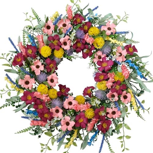 22 Inches Artificial Floral Wreath for Front Door Colorful Daisy and Green Leaves Wreath for Spring/Summer Indoor Outdoor Farmhouse Decor by idyllic