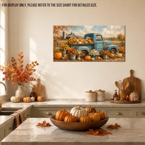WAXWHELK Truck Fall Canvas Wall Art, Rustic Farmhouse Vintage Blue Truck Pumpkins and Sunflowers Painting Pictures, Autumn Thanksgiving Artwork for Living Room Kitchen Home Decor (16"x32") - Image 3