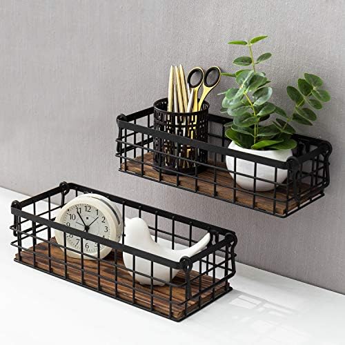 MyGift Set of 2 Black Metal Wire Baskets with Burnt Wood Base Handles - Image 3