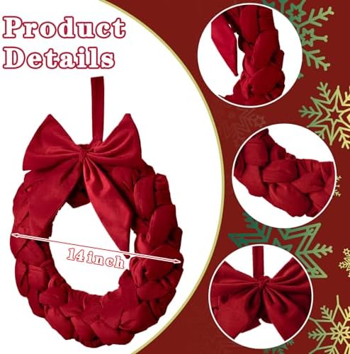 Soaoo 3 Christmas Velvet Wreaths 14" Christmas Wreaths for Front Door Velvet Ornament with Bow for Party Table Fireplaces Porch Walls New Year Home Decor(Red) - Image 2