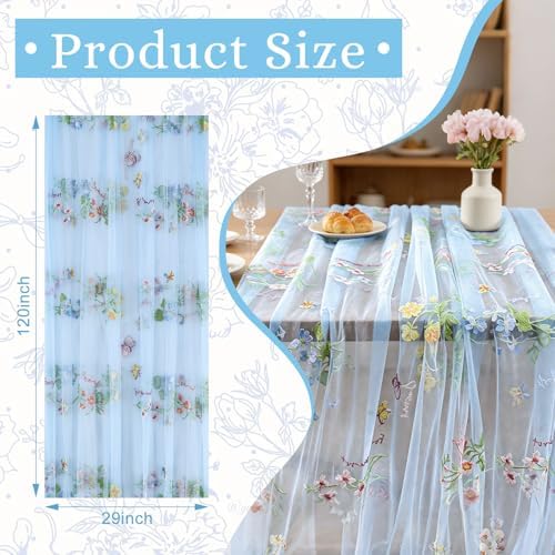 BINBE 12pcs Blue Florals Table Runner Embroidery Gauze 10FT Daisy Seasonal Tulle Birthday Wedding Holiday Kitchen Dining Table Decor for Home Party - Image 2