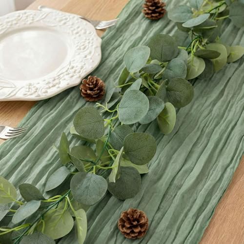 Leinuosen 8 Set 10 ft Sage Green Table Runner with Eucalyptus Garland - Image 3