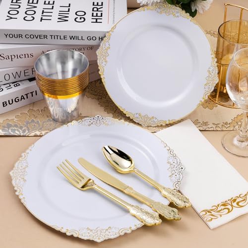 Bestluck 350PCS White and Gold Plastic Plates for 50 Guests, Disposable Dinnerware Set Includes 100 Disposable Plates, 150 Gold Silverware, 50 Cups, 50 Napkins for Party, Wedding - Image 5