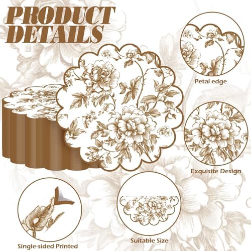 100 Pcs Brown Floral Paper Placemats with Scalloped Edges 15 Inch Chinoiserie Paper Table Mats Vintage Floral Place Mats for Dining Parties Weddings Holidays Table Decorations - Image 3