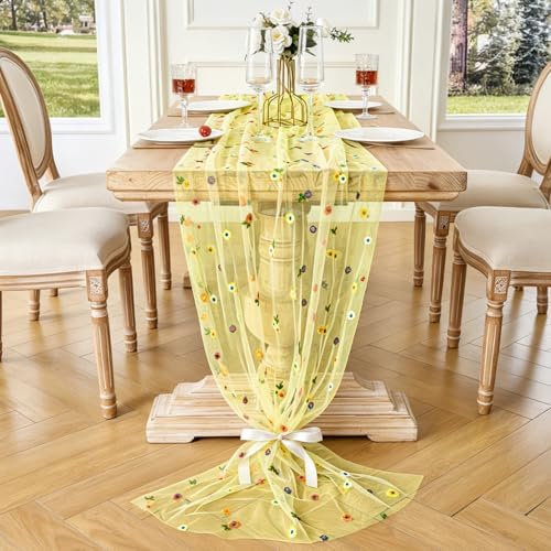 BINBE 12pcs Daisy Spring Table Runner Embroidery Gauze 10FT Florals Seasonal Tulle Holiday Birthday Kitchen Dining Table Decor for Home Party Yellow - Image 2