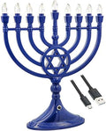 The Dreidel Company Traditional LED Electric Blue Hanukkah Menorah -Full Size 13 Inches High 3 AA Battery or USB Powered - Includes a Micro USB 4' Charging Cable by TheDreidelCompany