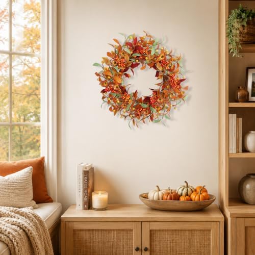 18 Inch Berry & Floral Fall Wreath with Mixed Leaves for Front Door - Image 6