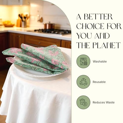 Floral Cloth Napkins Set of 12,Block Print Inspired 100% Cotton Dinner Napkins for Thanksgiving,Christmas & Fall Decor,Washable Reusable Wedding Table Linens,18x18 Inch, Soft Green Floral - Image 4