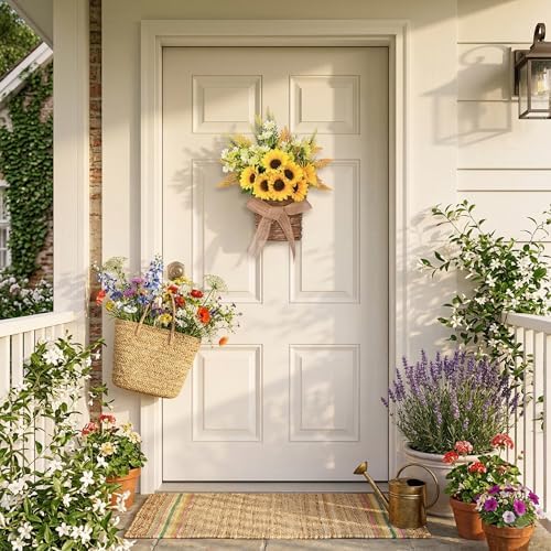 Sunflower Basket Wreath for Front Door - Handwoven Rattan Wreath with Sunflower and Wildflower Bouquet, Farmhouse Spring and Summer Porch Decor - Image 5