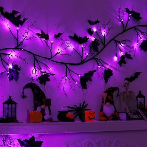 9 FT 72 LED Willow Vine Twig Decor Black Halloween Garland with Purple Lights, 8 Modes & Timer Waterproof Battery Operated for Home Fireplace Mantle Wall Office Indoor Halloween Decorations Party by Grastfu