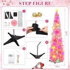 Aoriher 5 ft Pre-lit Pop up Light Pink Valentine's Day Tinsel Tree Decor Artificial Collapsible Slim Pencil Tree with String Light Sequins Reflective Valentine's Day Holiday Party Indoor Outdoor Home - Image 3