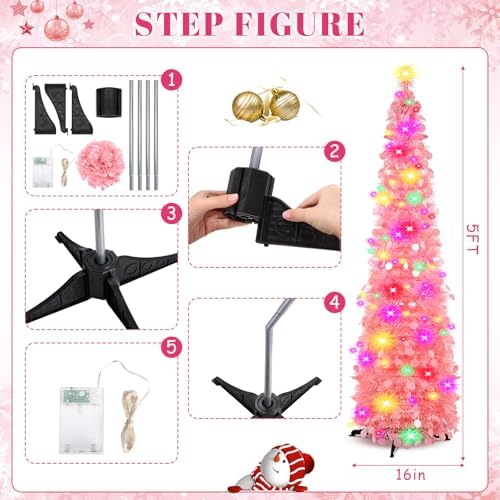 Aoriher 5 ft Pre-lit Pop up Light Pink Valentine's Day Tinsel Tree Decor Artificial Collapsible Slim Pencil Tree with String Light Sequins Reflective Valentine's Day Holiday Party Indoor Outdoor Home - Image 3