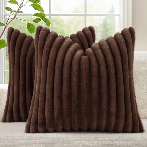 decorUhome Fall Faux Fur Throw Pillow Covers 24x24 Set of 2 Dark Brown by decorUhome