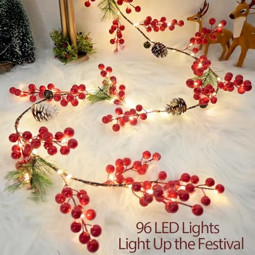 6.56FT Christmas Garland Decorations Red Berry Garlands with Lights 96 Fairy LED Lights Lighted Pine Garland for Mantle Fireplace Table Stairs Railing Xmas Tree Indoor Outdoor Winter Holiday Decor - Image 2