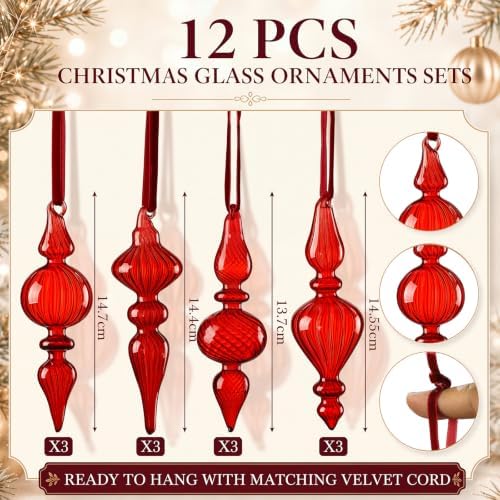 12 Pcs Vintage Glass Finial Christmas Ornaments, Burgundy Red - Image 6