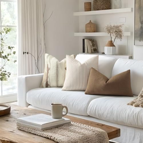 YCOLL Farmhouse Euro Sham Pillow Covers 24x24, Modern Throw Pillow Covers Set of 2, Khaki and Beige Striped Patchwork Linen Decorative Pillows Cushion Covers for Bed Sofa Couch Living Room Home Decor - Image 4