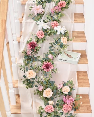 Waipfaru 2Pcs Artificial Flower Garland Decorations, 12.14Ft Eucalyptus Greenery Vines with Pink Roses for Wedding Table Runner Centerpieces Backdrop Room Decor (Pink) - Image 5