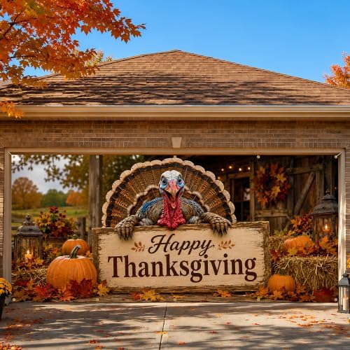 Thanksgiving Garage Door Banner 157 x 71 In Turkey Happy Thanksgiving Garage Door Cover, Rustic Fall Harvest Outdoor Garage Door Decorations with 393.7 In Rope for Thanksgiving Home Decor by KKYEJLQYI