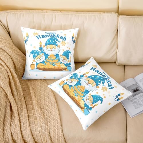 Erosebridal Cute Gnome Throw Pillow Covers 24X24 Set of 2 for Couch Bed Sofa Decor, Happy Hanukkah Pillow Covers, Blue-Gold Menorah Star Print Decorative Cushion Cases - Image 2
