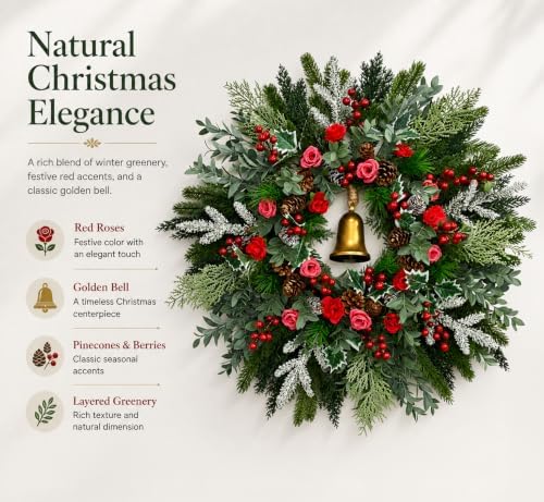 30Inch Large Christmas Wreath for Front Door with Bell, Red Roses & Berries - Image 2