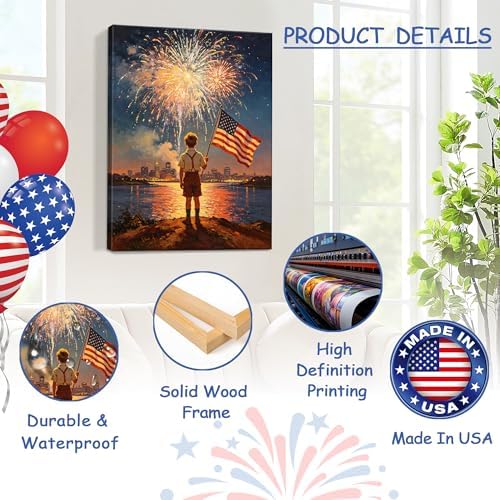 July 4th Patriotic Canvas Wall Art 4th of July USA Decorations Boy Holding American Flag and Dark Night Fireworks Picture Wall Decor Independence Day Home Decor 24x36in - Image 4