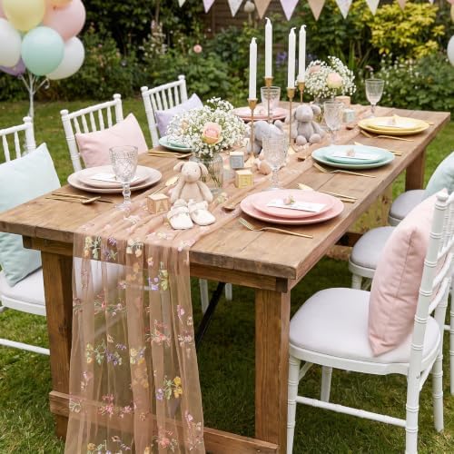 QueenDream 10FT Flower Table Runner Taupe Embroidery Wildflower Table Runners Seasonal Table Decorations Tulle Fabric for Home Bridal Shower Wedding Parties Indoor Decor - Image 3