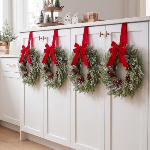 Barydat 4 Pcs 15" Mini Christmas Wreaths for Kitchen Cabinet with Long Bow - Image 5