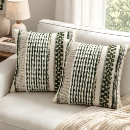 ANRODUO Boho Decorative Pillow Covers Plush Olive Green 20x20 Pack of 2 - Image 3