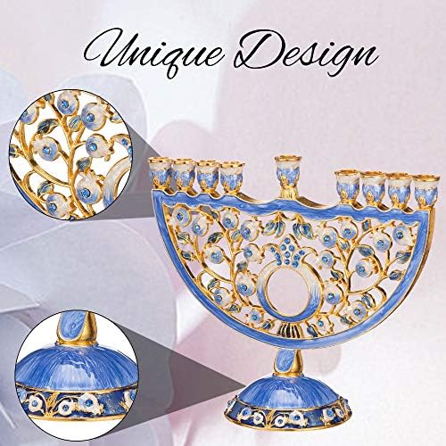 Matashi Hand Painted Blue Enamel Pomegranate Design Menorah Candelabra - Image 6