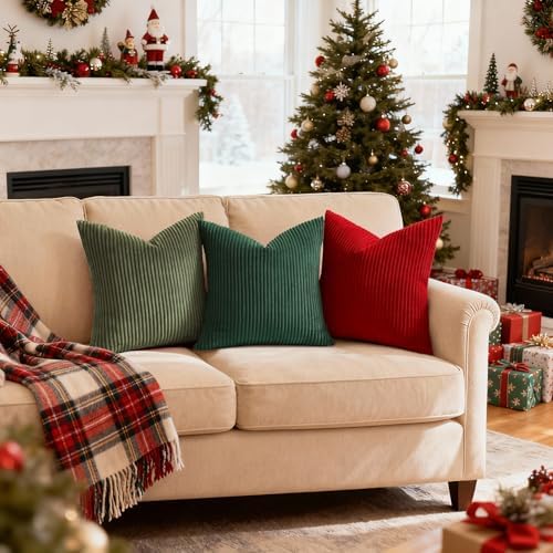 Mecatny Corduroy Throw Pillow Covers 26x26 Set of 2 Christmas Red - Image 3