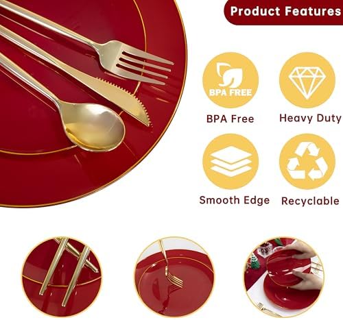 MirthMood 210pcs Red Plastic Plates,Disposable Red Gold Party Plates - Image 3
