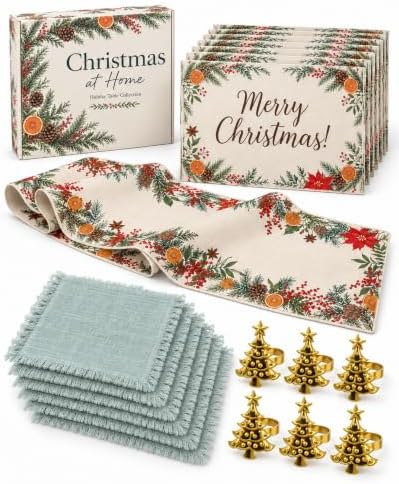 19-Piece Christmas Table Decor Set with Runner, Placemats & Napkin Rings by Unknown