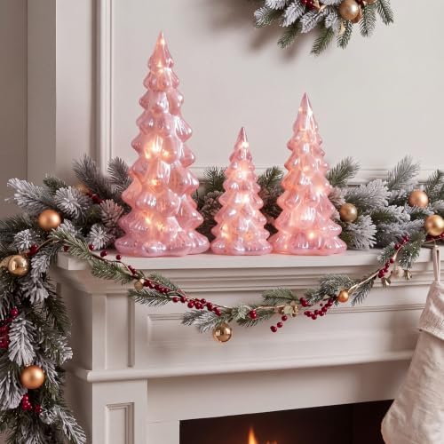 3 Pcs Glass Pink Christmas Trees LED Tabletop Decor - Image 4