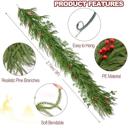 9FT Christmas Garland with Lights, Battery Operated Garland with Red Berries and Eucalyptus Leaves, Real Touch Artificial Prelit Garland for Mantle, Fireplace, Table, Stairs & Christmas Decorations - Image 3